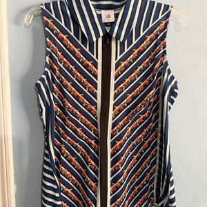 CAbi Navy Striped Top with Floral Embroidery
